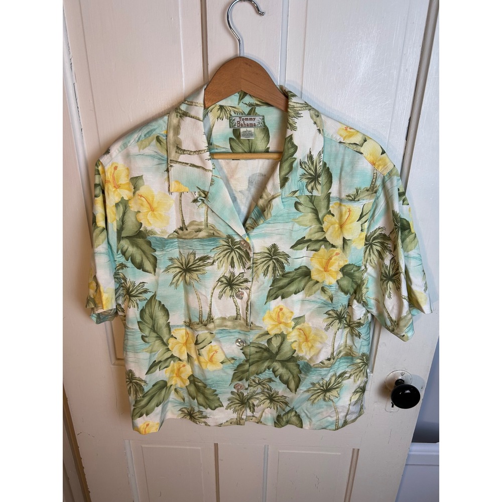Tommy Bahama Boys Large 12/14 Silk Tropical Hibiscus Palm Tree Camp Shirt Aqua